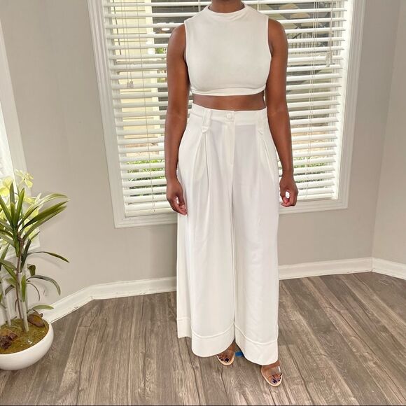 Revolve Babylon Collection Wide Leg Cuffed Trouser Pants in White Cream - Picture 2 of 11
